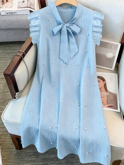 Franclia Women's Light Blue Textured Cap Sleeve Mid-Length Pearl Decor Round Neck Dress, Spring/Summer