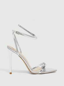 CUCCOO SZL Sandal Wanita Modis Berwarna Putih Transparan PVC Bening dengan Hak Kristal, Sandal Hak Sedang Ujung Persegi untuk Perjalanan, Kencan, Pesta, Liburan, Pernikahan, Prom, dan Sepatu Musim Panas - Perak 20 - View 4
