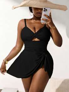 SHEIN Slayr CURVE Plus Size Solid Color Swimsuit Set For Women, Fluorescent Green Tankini With Detachable Straps - Black - View 6