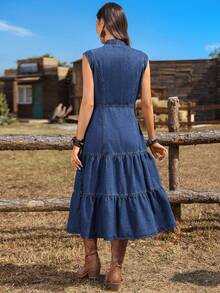 Breezaya 女士度假荷叶边牛仔连衣裙 - 深色水洗藍 - 查看 2