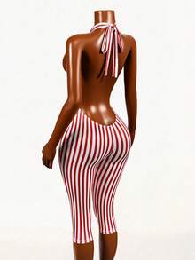 Mistrie 条纹撞色印花露肩露背吊带七分裤，休闲运动性感日常度假春夏针织连体裤，女士 - 紅白色 - 查看 6
