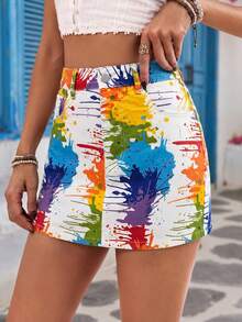 SHEIN ICON Women's Graffiti Pattern Pocket Button Casual Versatile Daily Wear Denim Mini Skirt - Multicolor - View 1
