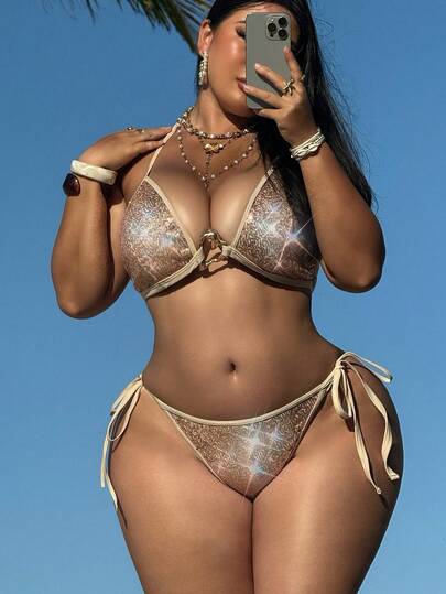 Swim SXY Traje de baño de dos piezas personalizado de unicolor con empalmado de lentejuelas para mujer de talla grande