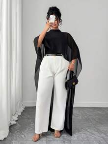 Elenzga Blusa elegante de gasa negra para mujer talla grande, chal para verano, formal, de noche y para ir al trabajo - Negro - Ver 5