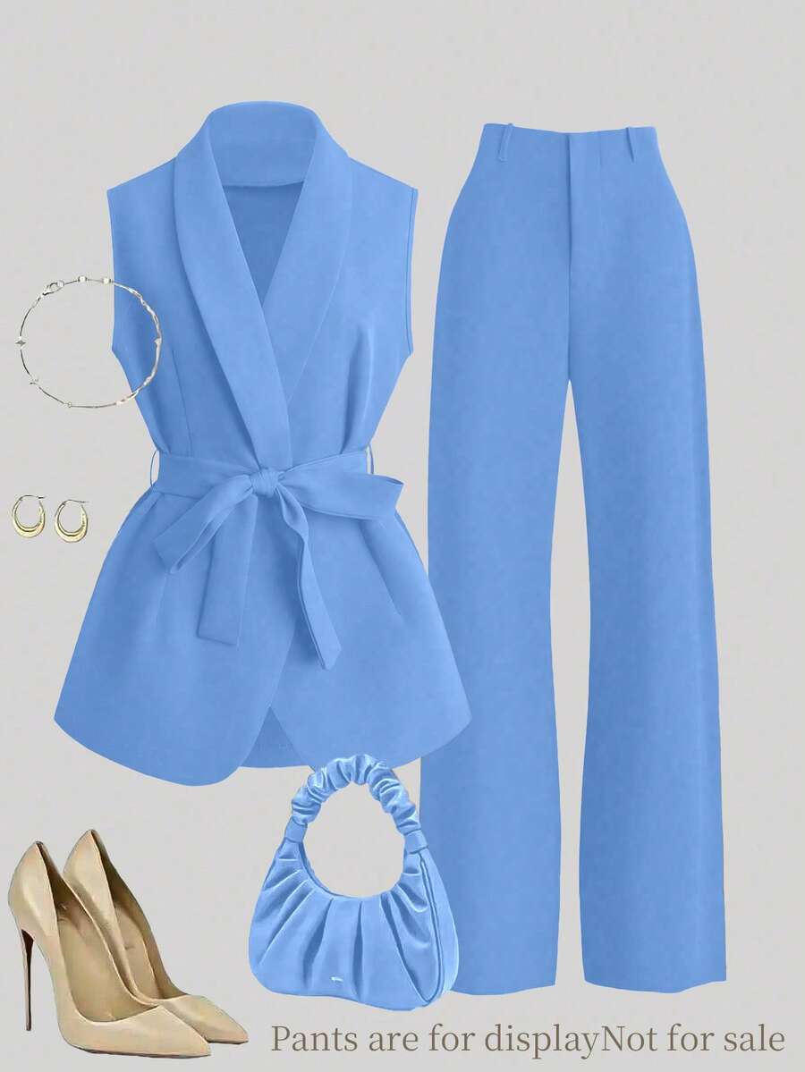 Franclia New Women's Sleeveless Suit Vest With Belt - Baby Blue - View 1