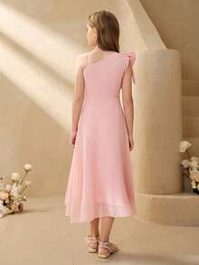 Tween Girl Elegant Solid Color Bow Decor One Shoulder Party Dress - Dusty Pink - View 2