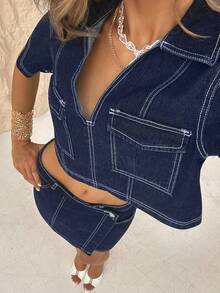 TRNVIE Women's Collared Short Sleeve Cropped Top And Asymmetric Hem Denim Skirt Suit - Blue - View 7