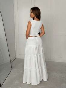 Slaydiva 春夏度假、海滨、优雅、浪漫、性感派对、约会、生日派对、休闲、优雅、游艇旅行 - 串珠吊带背心和长裙女士两件套 - A - 白色 - 查看 2