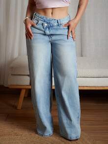 Lupita Cardoza 女式低腰时尚腰带直筒牛仔裤 - 淺色水洗藍 - 查看 4