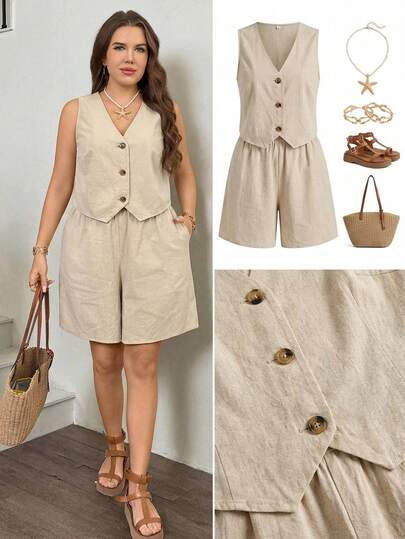 SHEIN LUNE Conjunto de 2 piezas de top de tirantes y shorts de unicolor casual de talla grande para verano