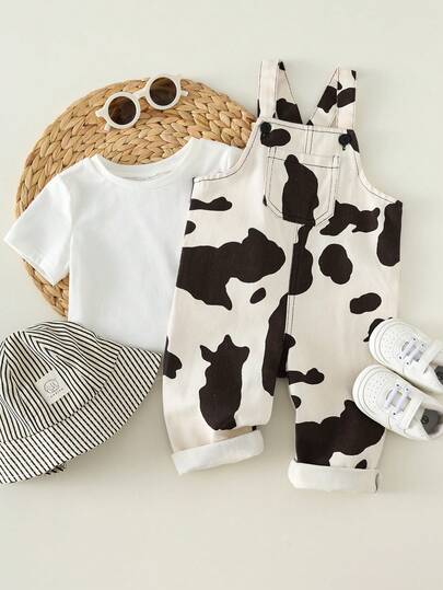 SHEIN Unisex Baby Cute Cow Print Denim Bib Pants Romper, Spring/Summer Baby Boy Clothes Outfit Set