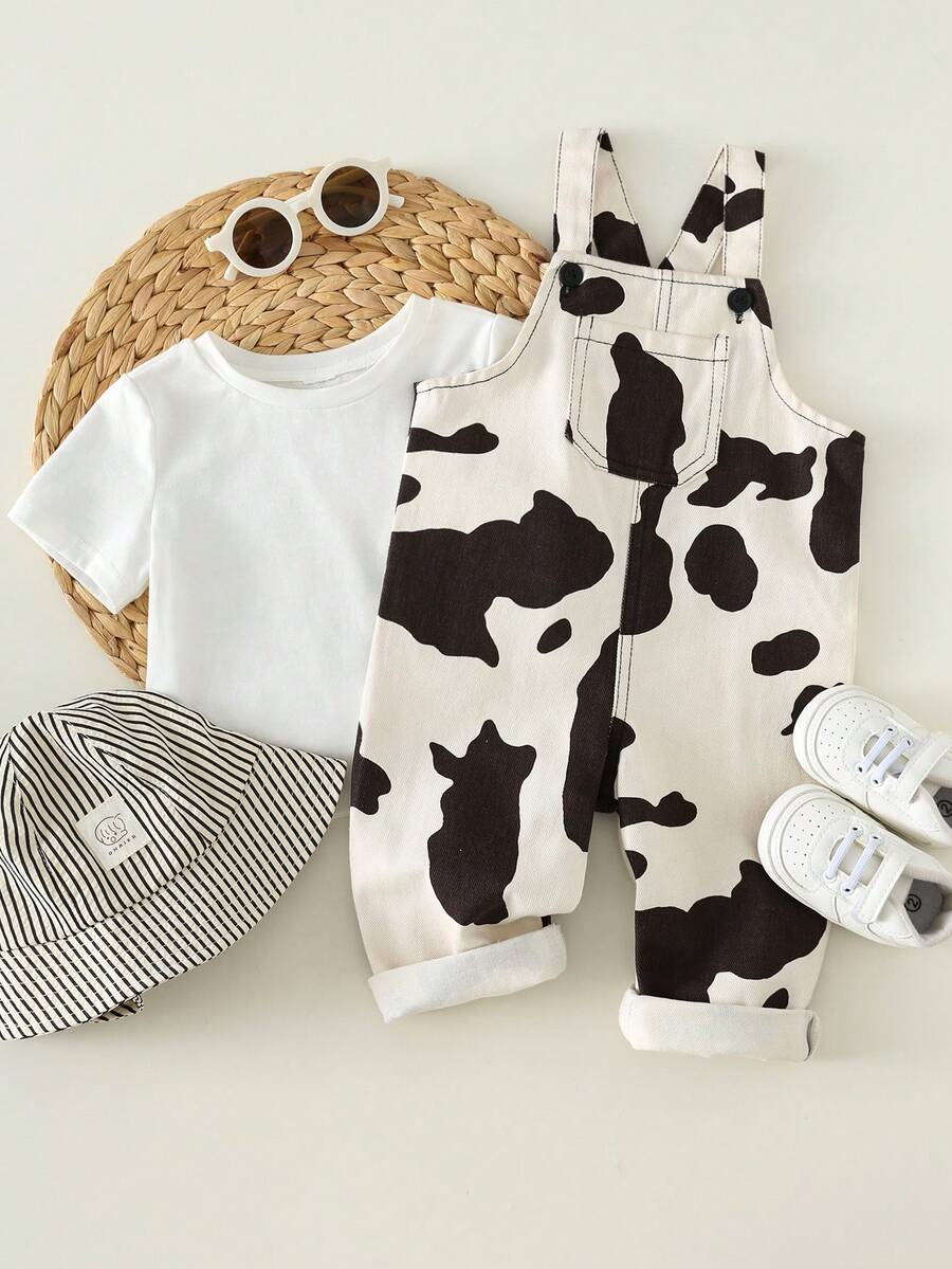 SHEIN Unisex Baby Cute Cow Print Denim Bib Pants Romper, Spring/Summer Baby Boy Clothes Outfit Set - Black and White - View 1