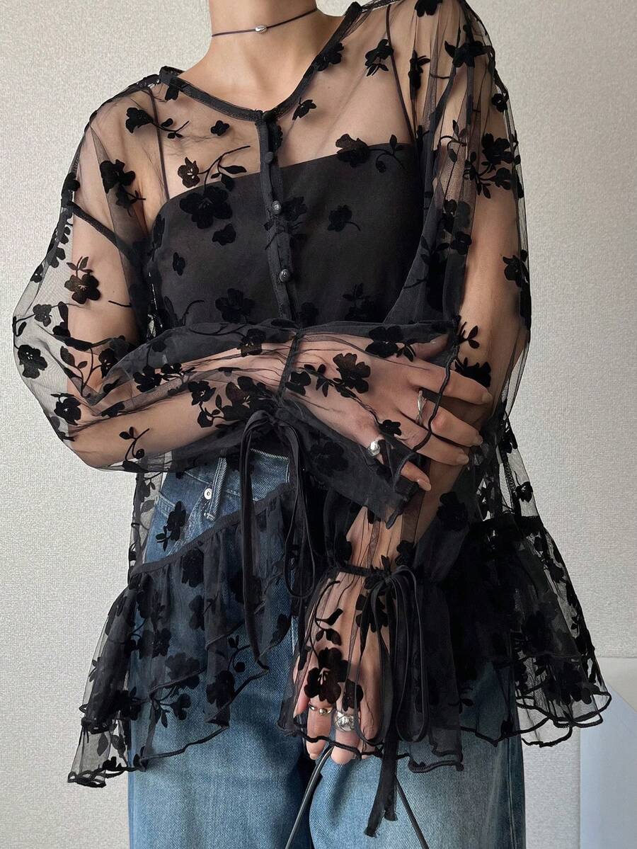 FRIFUL Cardigan Wanita Motif Bunga Berbulu dan Jala dengan Kerah Bulat dan Hem Berkerut, Lengan Panjang - Hitam - View 1