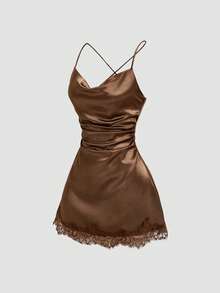 Sweetra 新款缎面撞色蕾丝迷你连衣裙，咖啡色，适合派对穿着，春夏款 - 咖啡 - 查看 8