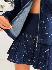 SHEIN Women Rhinestone Embroidered Jacket & Pleated Mini Denim Skirt Two Pieces Set - Dark Wash - View 6