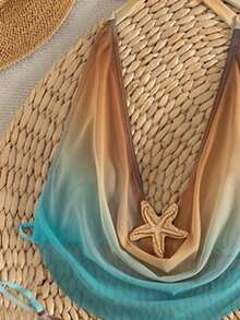 Bonvoyette Bộ bikini hai mảnh cổ yếm in họa tiết ngẫu nhiên, màu ombre dành cho nữ, kèm áo khoác ngoài và váy. - Màu vàng - Xem 7