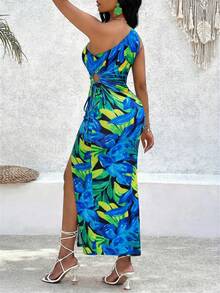 SOLERSUN Đầm maxi lệch vai không tay in hoa xẻ tà cao dành cho nữ. - Màu xanh nước - Xem 2