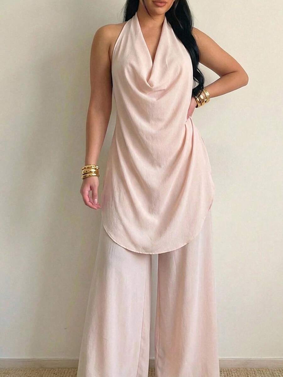 BamGleam Women Elegant Peach Pink Summer 2-Piece Set,Halter Draping Collar Sleeveless Open Back Top & Loose Wide-Leg Pants,Casual Chic Brunch Outfit Graduation - Apricot - View 1