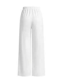 SHEIN Clasi 大码女式纯色露背镂空上衣和阔腿裤两件套，时尚日常穿着 - 白色 - 查看 7