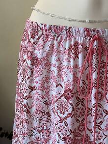 INAWLY Women's Vacation Waist Tassel Tie Floral Print Ruffle Hem Casual Skirt - Pink - View 5