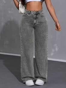 SHEIN Unity Casual Washed High Waist Straight Leg Jeans - Light Grey - View 5