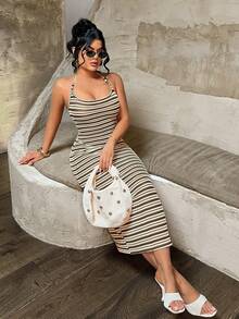 SHEIN SXY Women's Striped Bodycon Halter Neck Dress For Beach Vacation,Summer ,Spring ,Vacation,Beach , Ibiza, - Multicolor - View 3