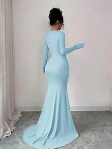 SHEIN Raffinéa Đầm dạ hội màu nâu cổ chữ V sâu, kiểu dáng sang trọng mới dành cho nữ, đầm dài ôm sát tay đuôi cá với thiết kế thắt eo. - Màu xanh lam - Xem 2