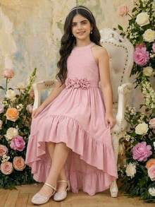 SHEIN Tween Girl Elegant Floral Decor Chiffon Snug Fit Dress, Spring/Summer Elegant  Wedding Outfits Dusty Pink Dress Tween Dress Easter Dress High Low Dress Flowy Dress - Pink - View 5