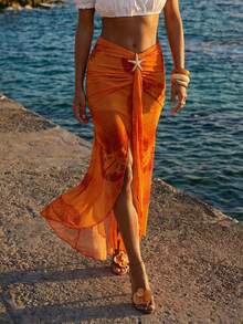 Femesol 女士时尚优雅休闲度假海星印花不对称开衩长裙 - 彩色 - 查看 4