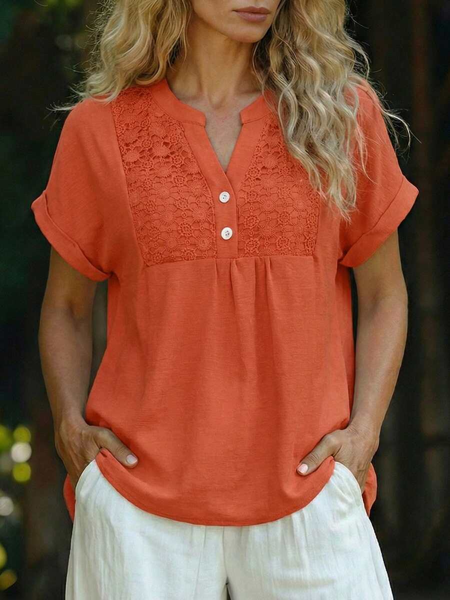 EMERY ROSE Women's Contrast Lace V-Neck Short Sleeve Casual Blouse - Orange - View 1