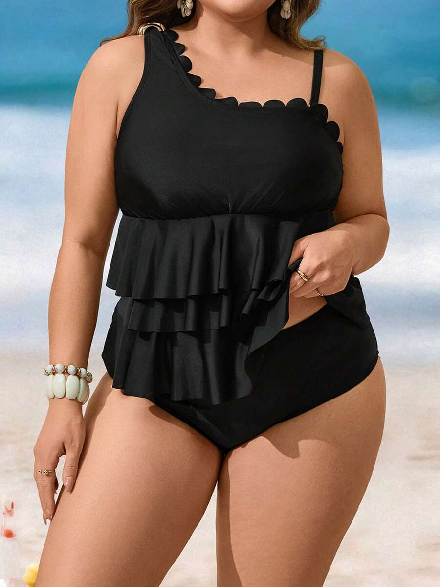 Swim Lushoire Plus Size Women Summer Beach Solid Color Asymmetric Neckline Fashionable Tankini Swimwear Set - Black - View 1