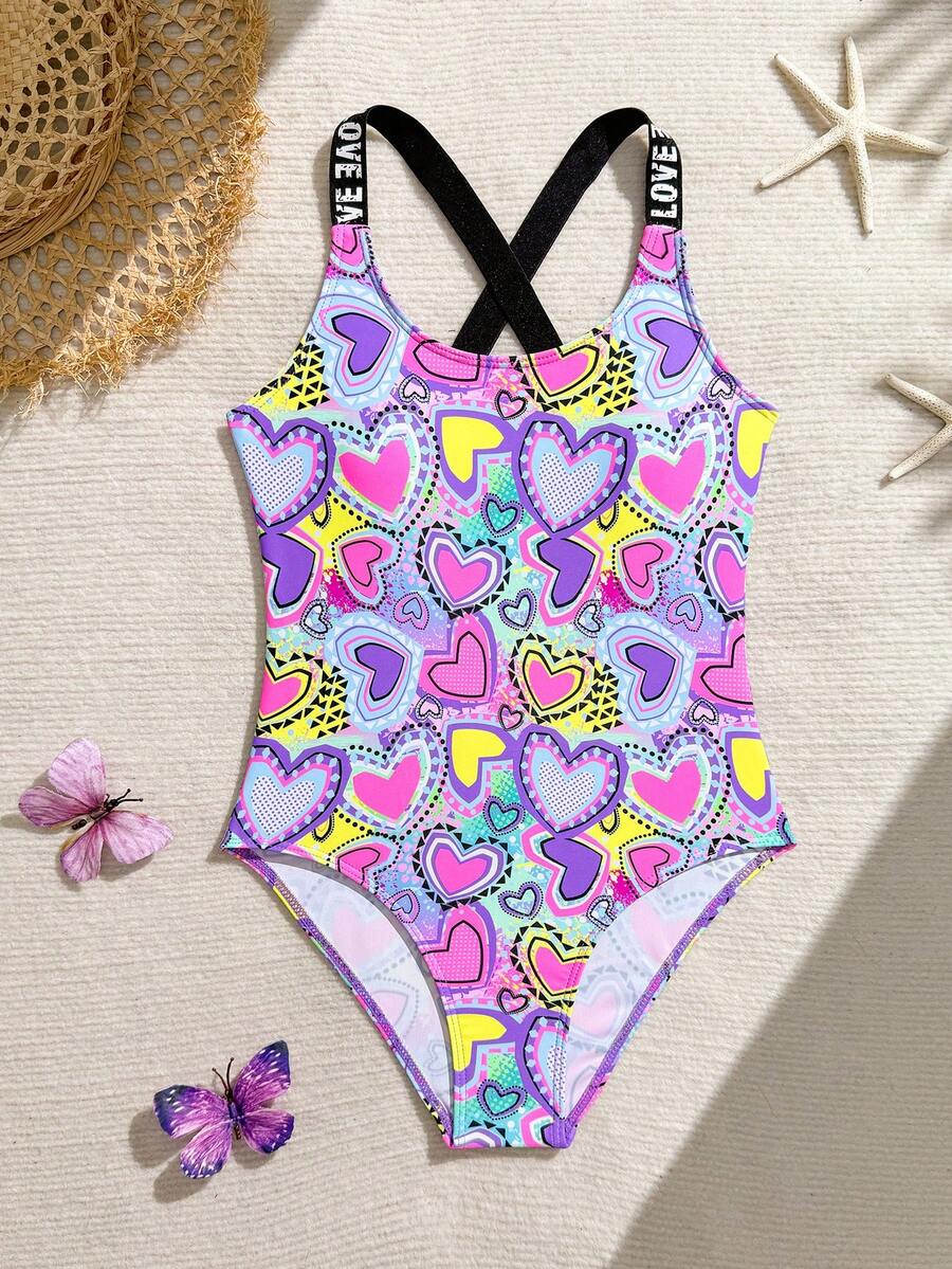 SHEIN Tween Girls Heart Print One-Piece Swimsuit, Suitable For Vacation In Summer - Multicolor - View 1