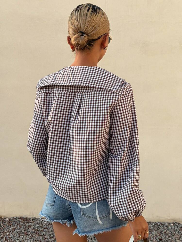 Women's Plaid Print Twist Front Casual Long Sleeve Shirt Summer