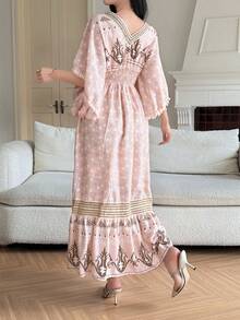 DAZY Vestido midi de mujer con parches florales fruncidos, mangas con flecos y volantes, vestido de verano bohemio de primavera/verano - Rosa - Ver 2