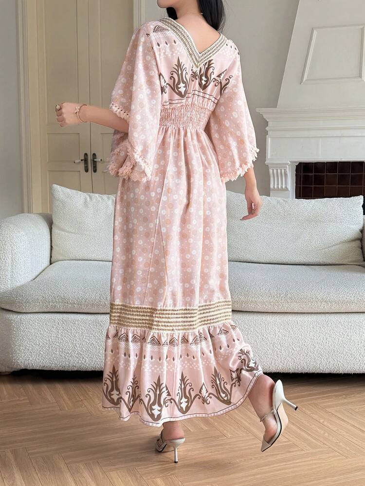 Women's Shirred Floral Patchwork Midi Dress With Tassel & Ruffle Sleeves, Spring/Summer Sundress Boho