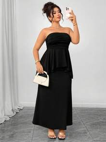 Elenzga Plus Size Women 2pcs Set Knitted Elastic Cropped Camisole Top & Asymmetric Fishtail Skirt Suit, Elegant Black Outfit - Black - View 1