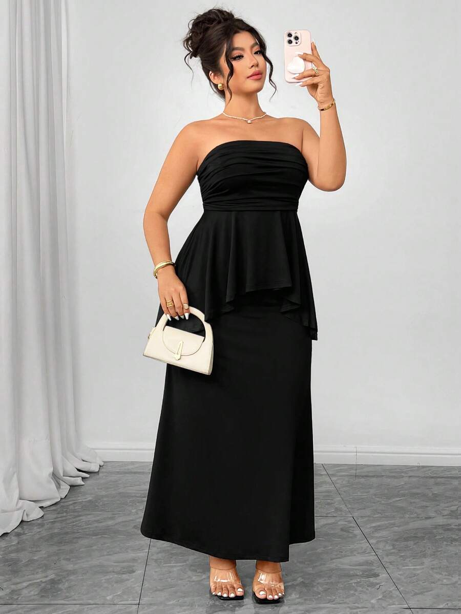 Elenzga Plus Size Women 2pcs Set Knitted Elastic Cropped Camisole Top & Asymmetric Fishtail Skirt Suit, Elegant Black Outfit - Black - View 1
