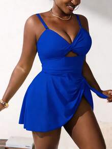 Slaydiva Plus Size Solid Color Swimwear Set For Women, Fluorescent Green Tankini With Detachable Straps - Royal Blue - View 3