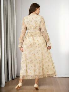 Veilorie Plus Size Elegant Floral Print Ruffle Hem Long Sleeve Dress, Autumn - Multicolor - View 2