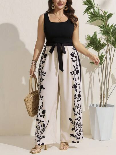 Comfylo Mono informal con pantalón palazzo de talla grande para mujer con estampado floral y nudo