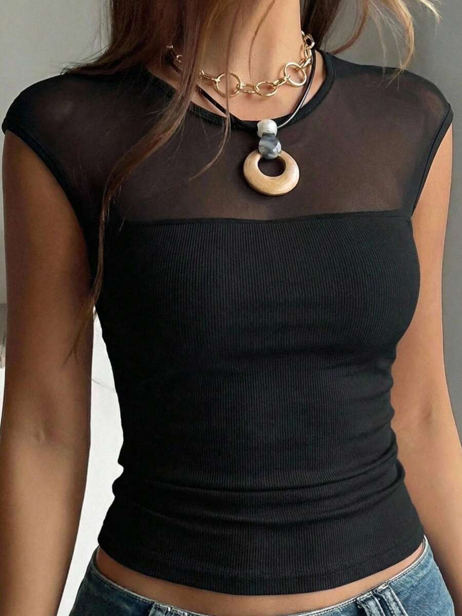 SHEIN EZwear 黑色针织圆领休闲修身网眼拼接夏季紧身上衣 - 黑色 - 查看 1