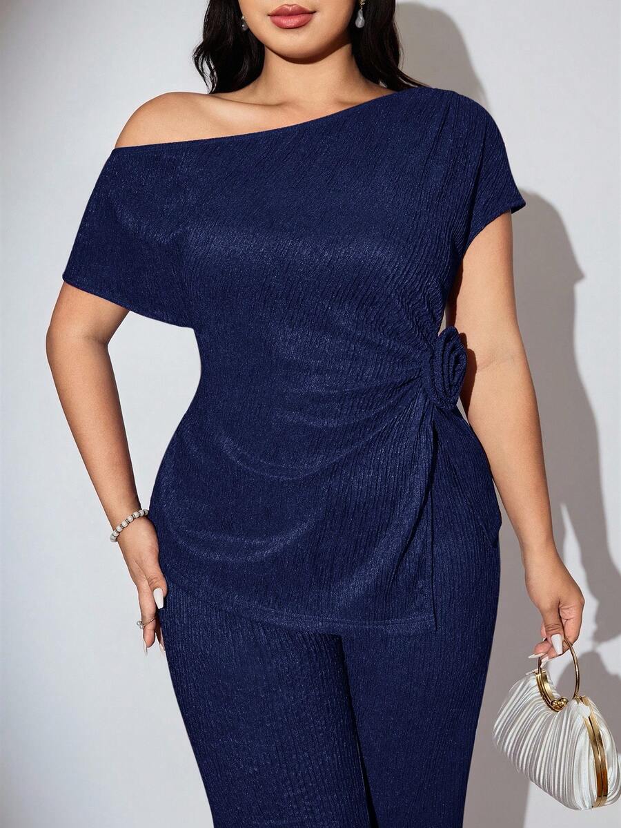 Modelyn Plus Size Elegant Commuter Solid Color Asymmetric Collar Split Top And Pants Two Pieces Set - Navy Blue - View 1