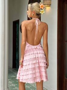 MainGRL 2026 New Arrival Women's Pink Multi-Layer Ruffle Neck Short Dress - Pink - View 2