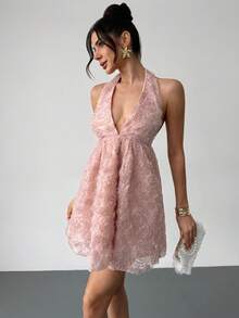 Firerie 女士优雅浪漫迷你连衣裙，适合约会、度假、海滩派对、鸡尾酒会等场合，杏粉色露背V领吊带A字型纹理连衣裙，也可作为婚礼宾客礼服、晚礼服，新款春夏连衣裙 - 粉色 - 查看 5