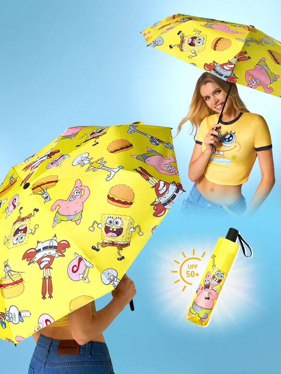 SpongeBob SquarePants | SHEIN 1把卡通人物印花雨伞,黑色防晒涂层,防晒指数50+,适合上学、上班、外出和日常使用,专为大学生、高中生、男士和女士设计,可爱 - 黃色 - 查看 1