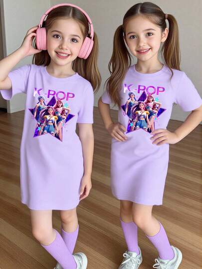 Elladie kids Vår- och sommarklänning för unga flickor, casual, moderiktig, kreativ, personlig, uppfriskande, minimalistisk, cool, virtuell tjejgrupp, pentagram, stjärna, grafisk, bokstavsslogan, tryck, casual, grundläggande, kortärmad t-shirtklänning, bekväm outfit; mysiga sommar- och höststilar lämpliga för unga flickor, stämningsförbättrande outfits