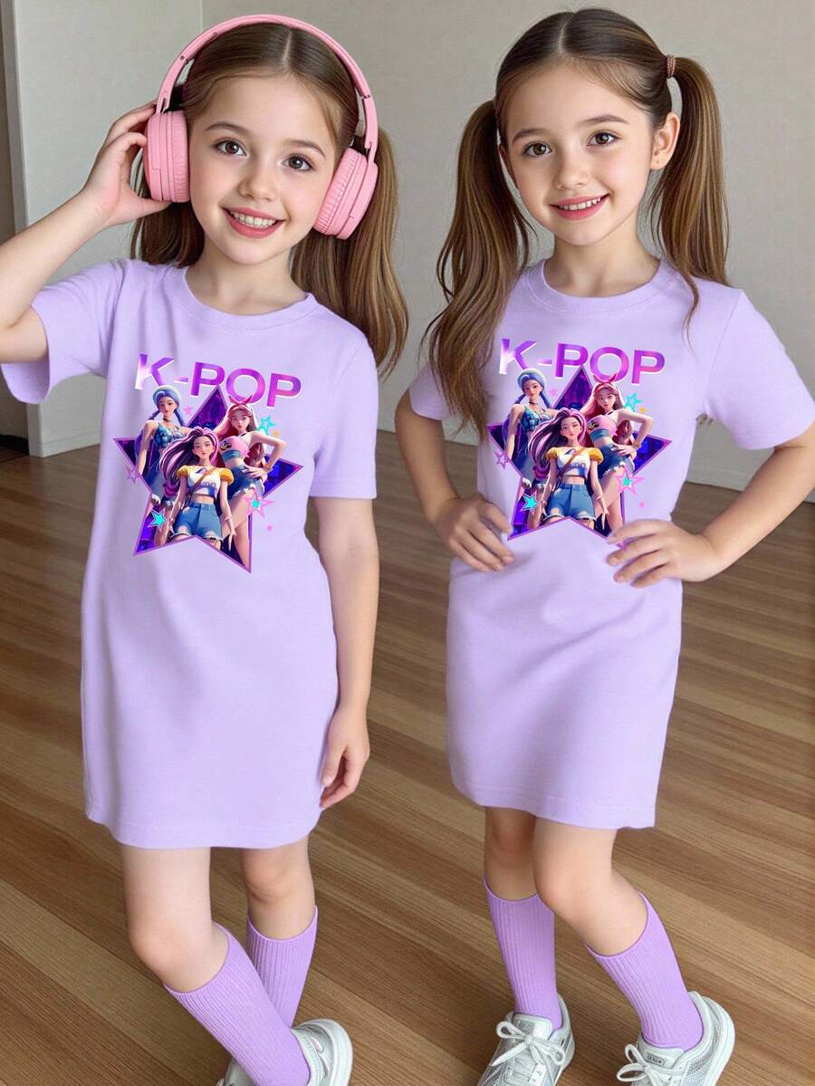 Elladie kids 春夏少女休闲时尚创意个性清新简约酷炫虚拟女团五角星图案字母标语印花休闲基础款短袖T恤裙,舒适百搭;温暖的夏秋款式,适合少女,提升整体氛围的穿搭 - 彩色 - 查看 1