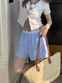 K-Vae 女士轻薄弹力腰荷叶边休闲短裤 - 藍色 - 查看 3