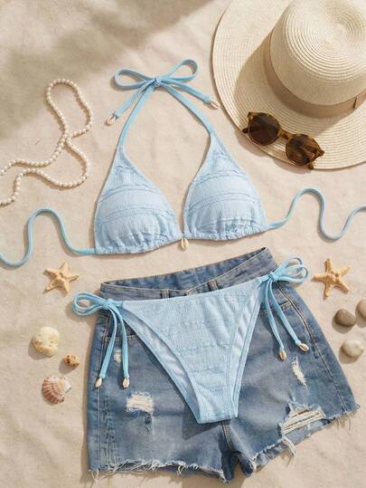 Swim Mod 2026新款夏季沙滩度假加大码泳衣两件套，新款提花面料可爱比基尼泳装，侧边系带