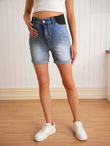 SHEIN Maternity Skinny Stretch Denim Shorts - Medium Wash - View 8